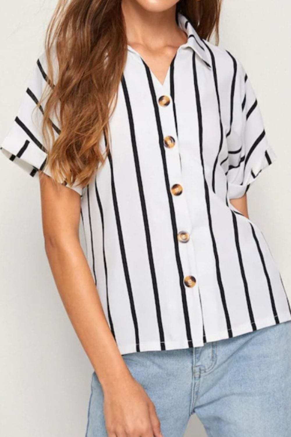 Striped Button Up Short Sleeve Shirt - Trendsi - Flyclothing LLC