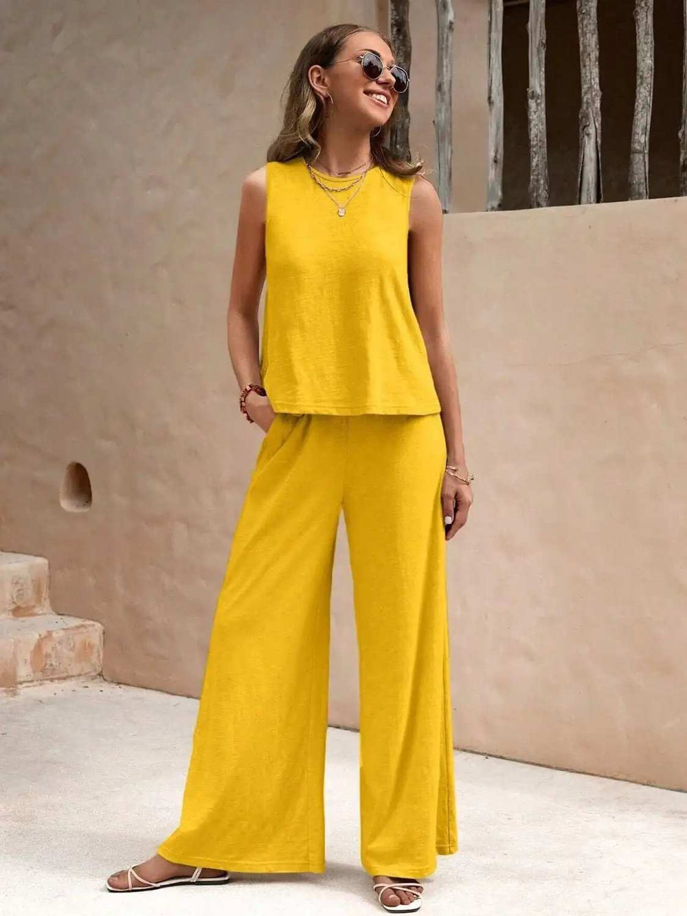 Round Neck Sleeveless Top and Wide Leg Pants Set - Trendsi - Flyclothing LLC