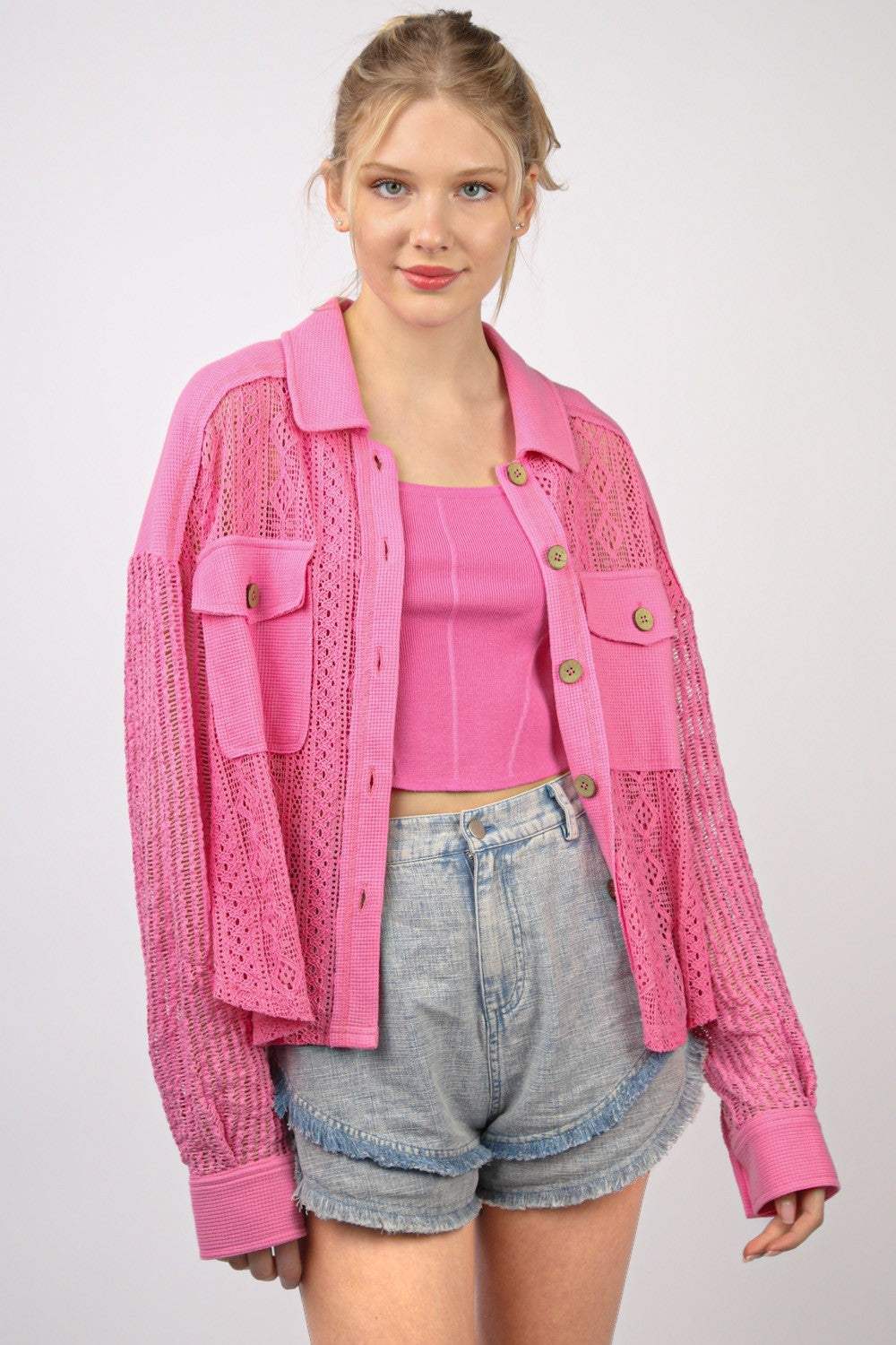 VERY J Button Up Long Sleeve Lace Shirt - Trendsi - Flyclothing LLC