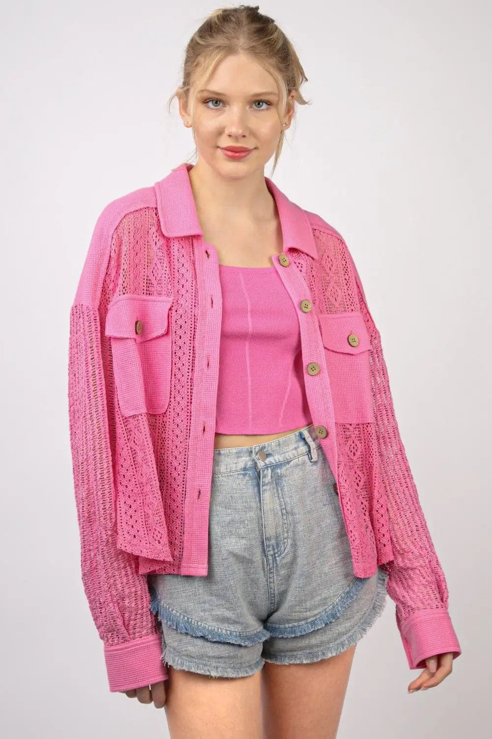 VERY J Button Up Long Sleeve Lace Shirt - Trendsi