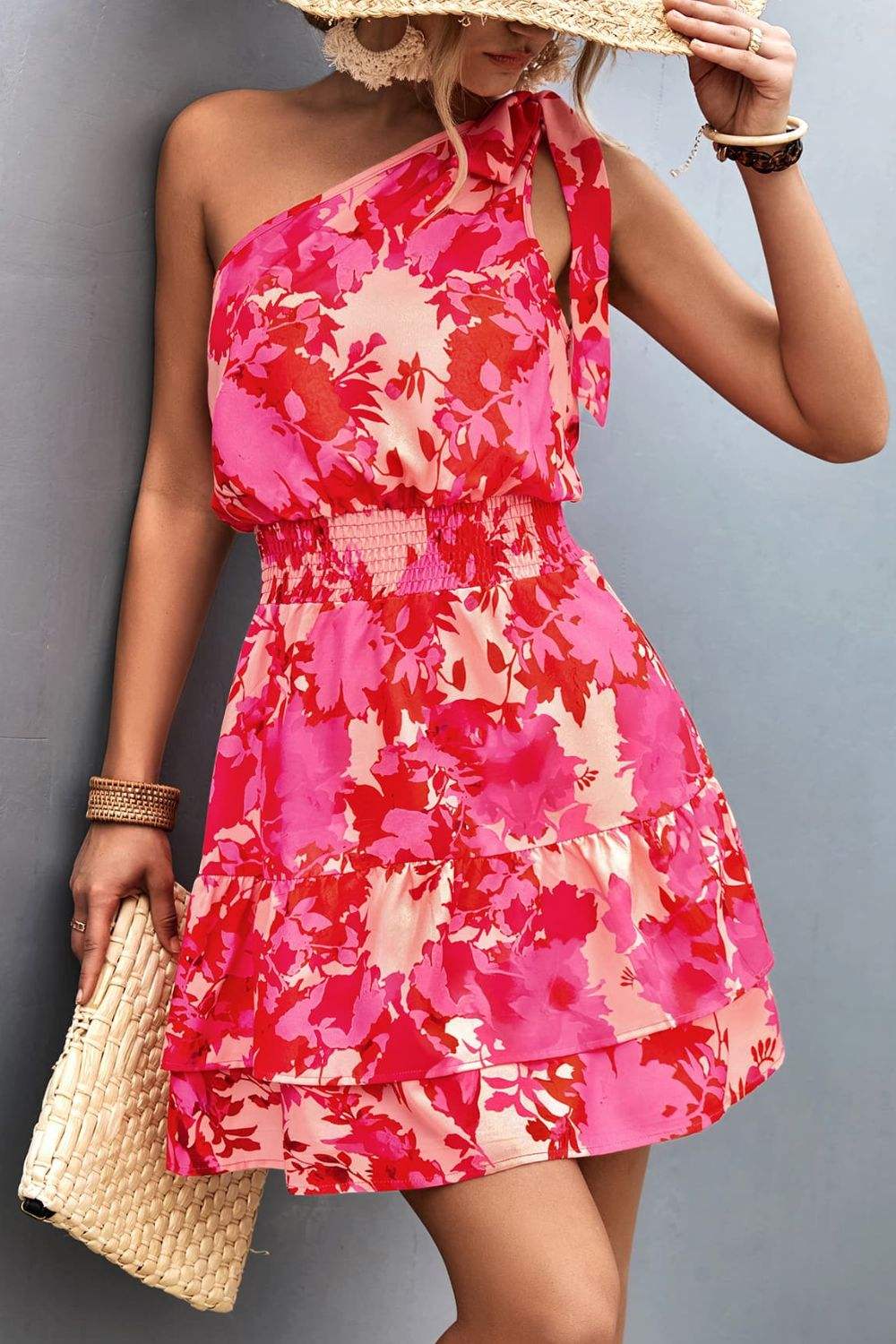 Tied Smocked Printed Single Shoulder Dress - Trendsi - Flyclothing LLC