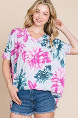 BOMBOM Floral V-Neck Short Sleeve T-Shirt - Trendsi - Flyclothing LLC
