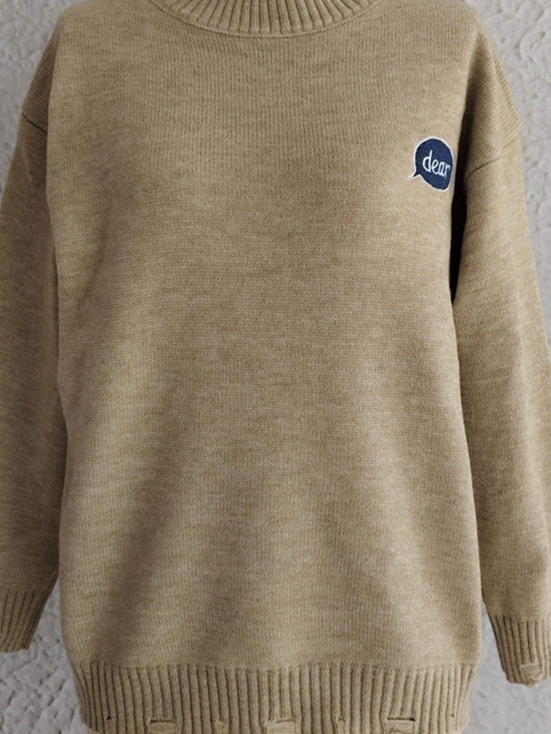 Embroidered Round Neck Dropped Shoulder Sweater - Trendsi - Flyclothing LLC
