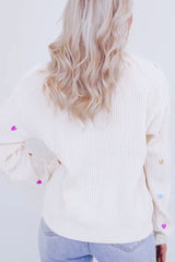 Heart Sequin Round Neck Long Sleeve Sweater - Trendsi