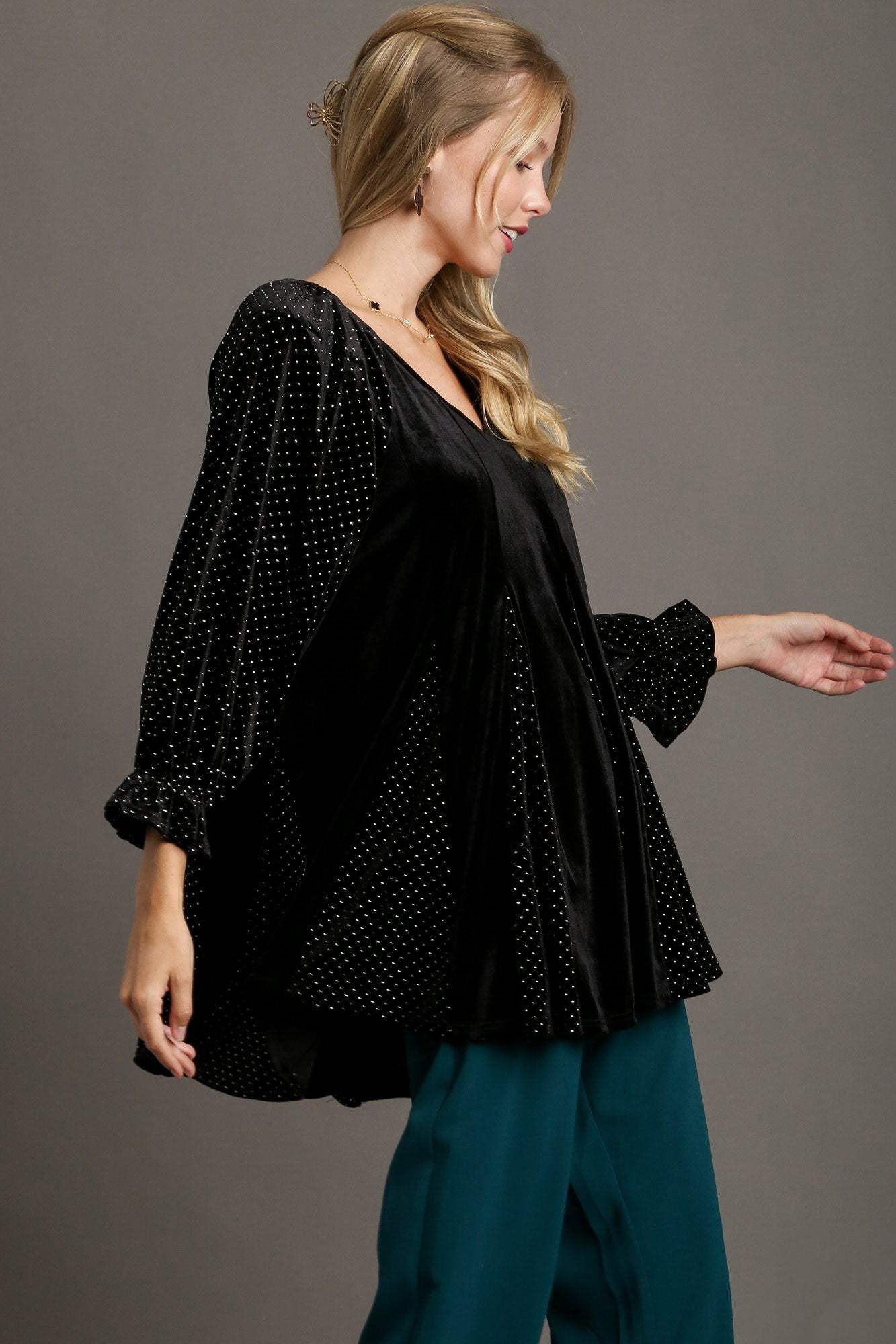 Umgee Godet Hem Polka Dot V-Neck Blouse - Trendsi - Flyclothing LLC