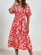 Smocked Floral Square Neck Short Sleeve Dress - Trendsi - Flyclothing LLC