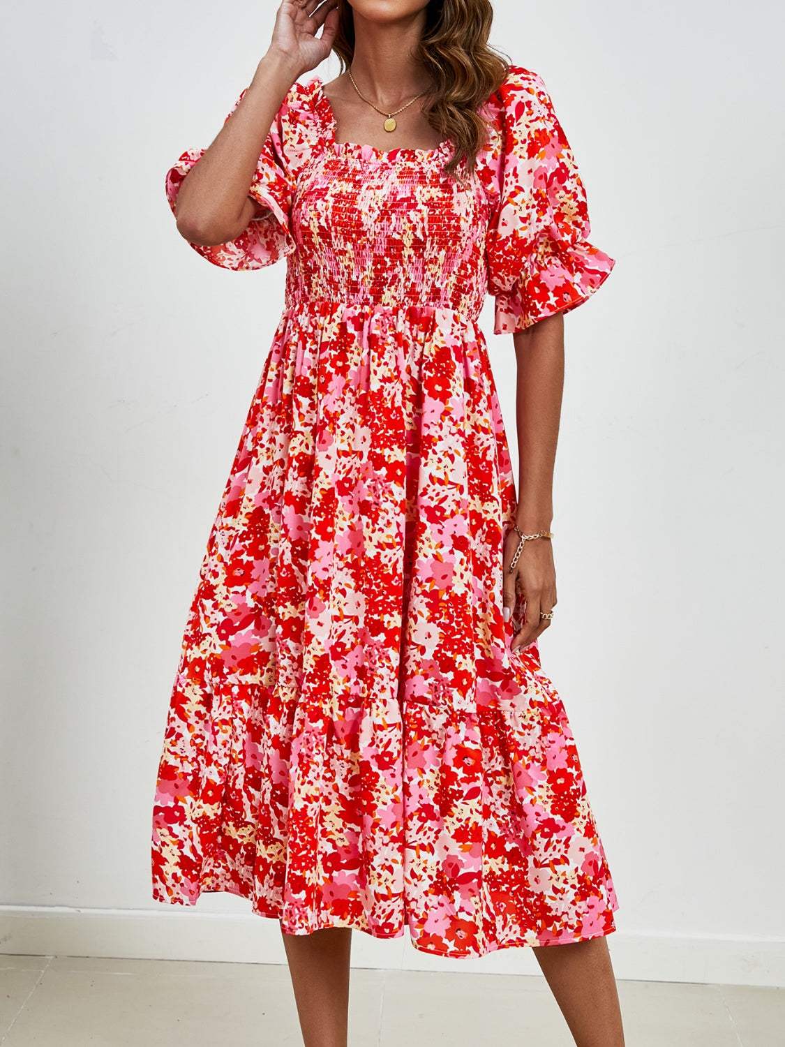 Smocked Floral Square Neck Short Sleeve Dress - Trendsi - Flyclothing LLC