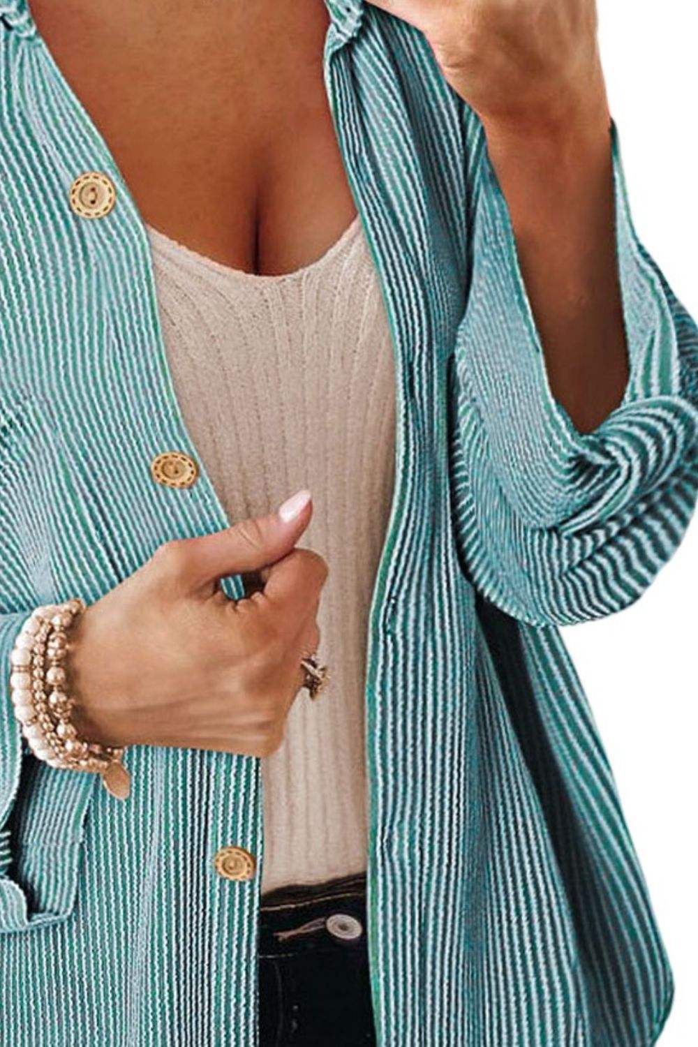 Striped Collared Neck Long Sleeve Shirt - Trendsi - Flyclothing LLC