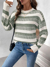 Perfee Contrast Round Neck Long Sleeve Sweater - Trendsi - Flyclothing LLC