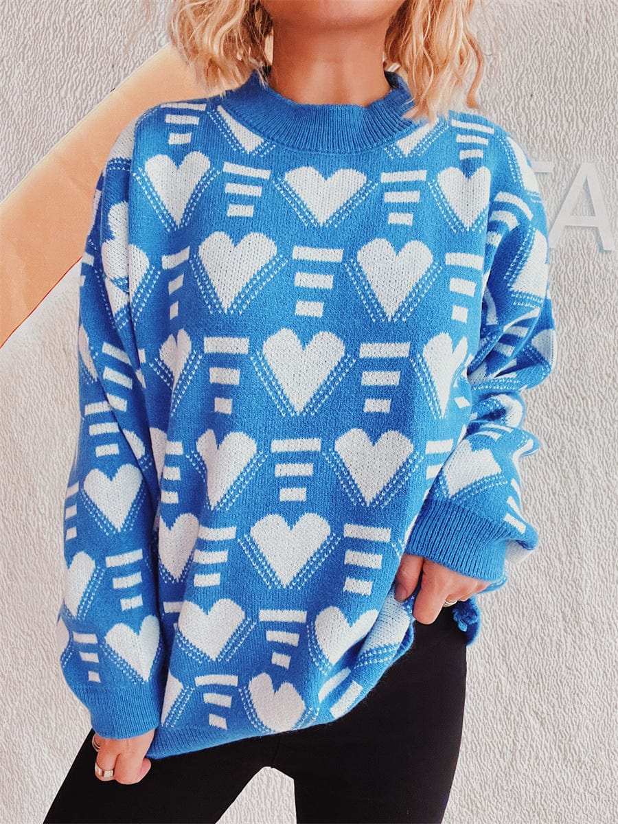 Heart Contrast Long Sleeve Dropped Shoulder Sweater - Trendsi - Flyclothing LLC