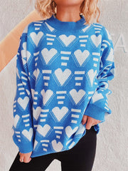 Heart Contrast Long Sleeve Dropped Shoulder Sweater - Trendsi
