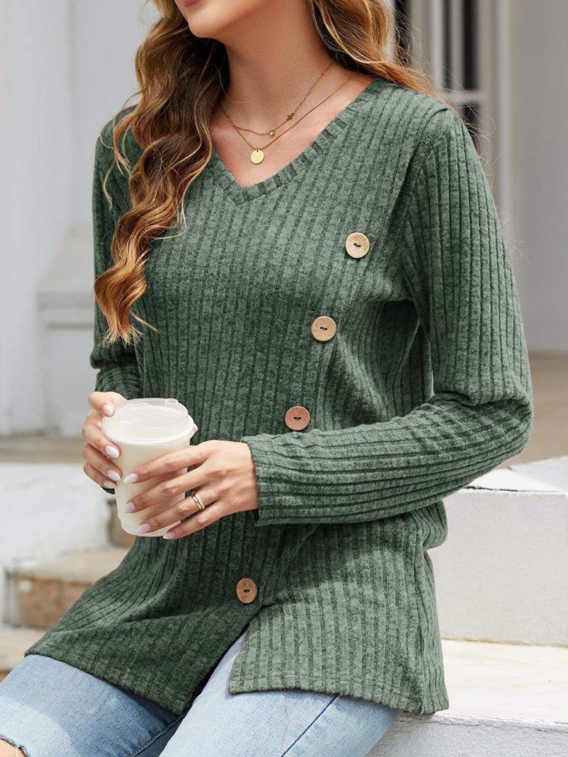 V-Neck Long Sleeve T-Shirt - Trendsi - Flyclothing LLC