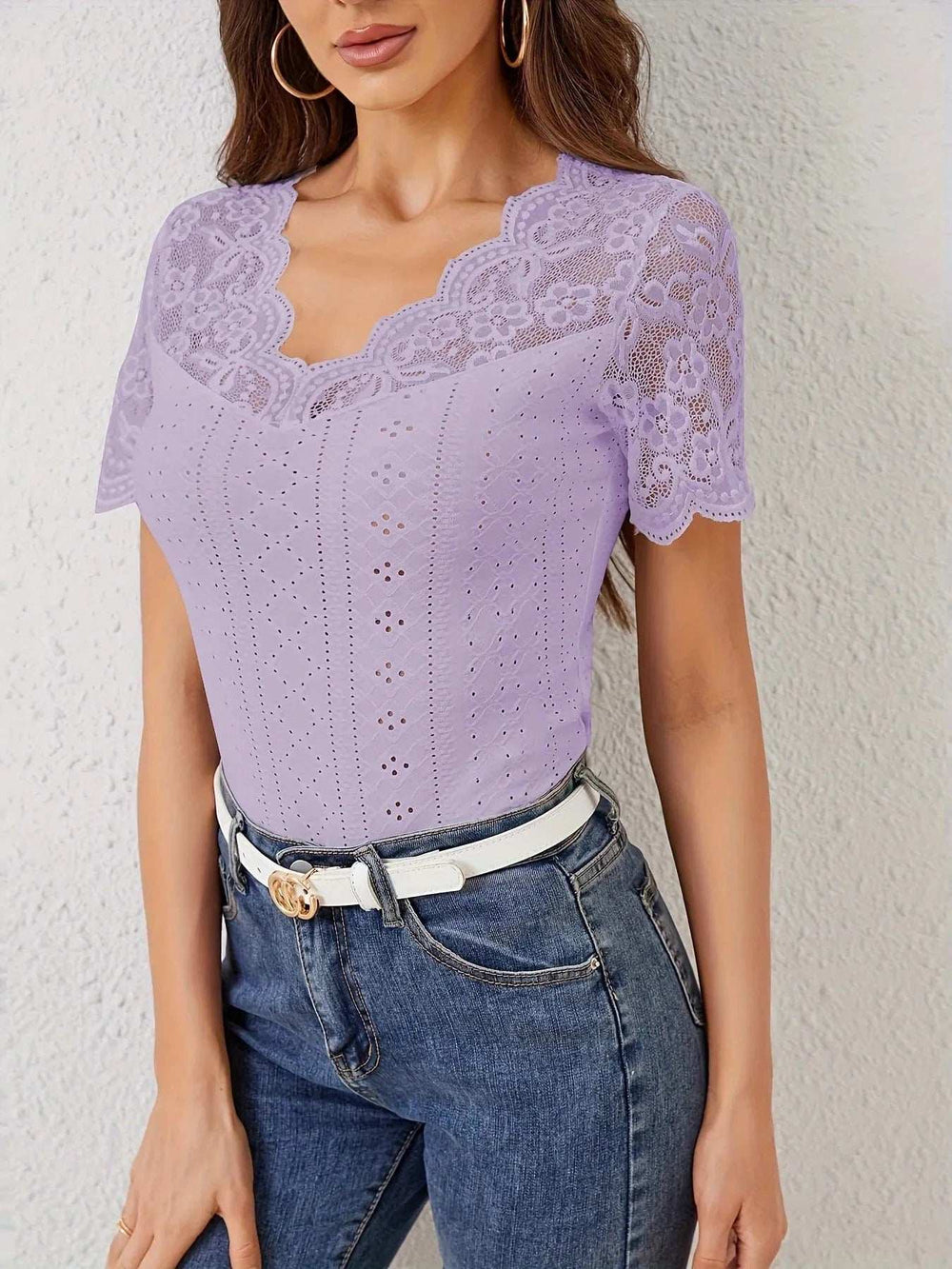 Lace Trim Eyelet Embroidered Summer T-Shirt - Trendsi - Flyclothing LLC