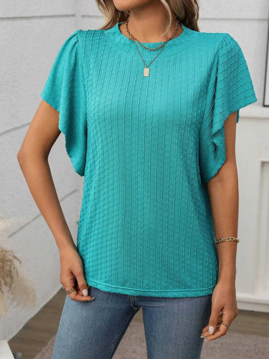 Round Neck Flutter Sleeve T-Shirt - Trendsi - Flyclothing LLC