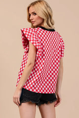 Oh Checkered Round Neck Puff Sleeve Blouse - Trendsi - Flyclothing LLC