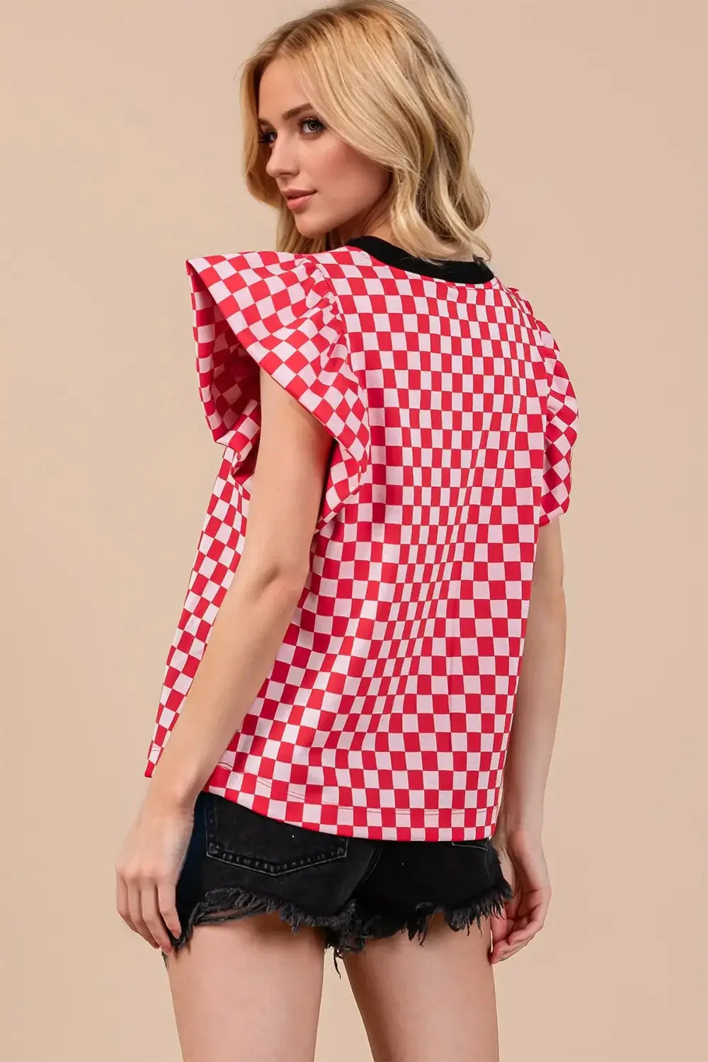 Oh Checkered Round Neck Puff Sleeve Blouse - Trendsi - Flyclothing LLC