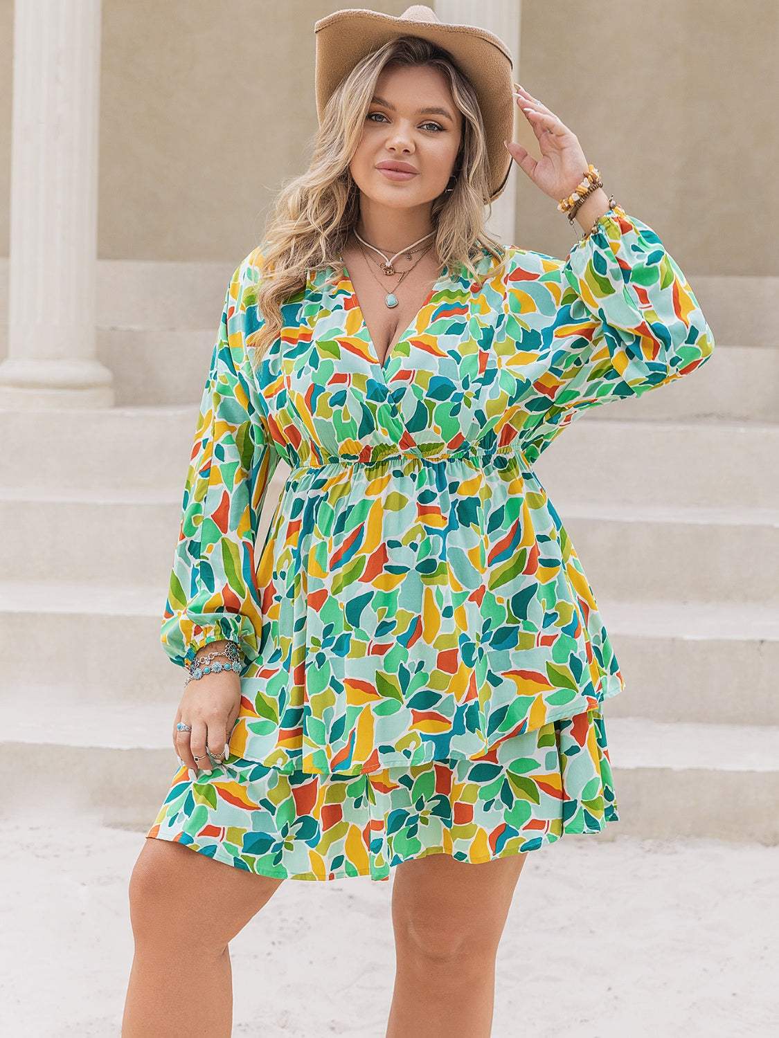 Plus Size Printed Surplice Long Sleeve Mini Dress - Trendsi - Flyclothing LLC
