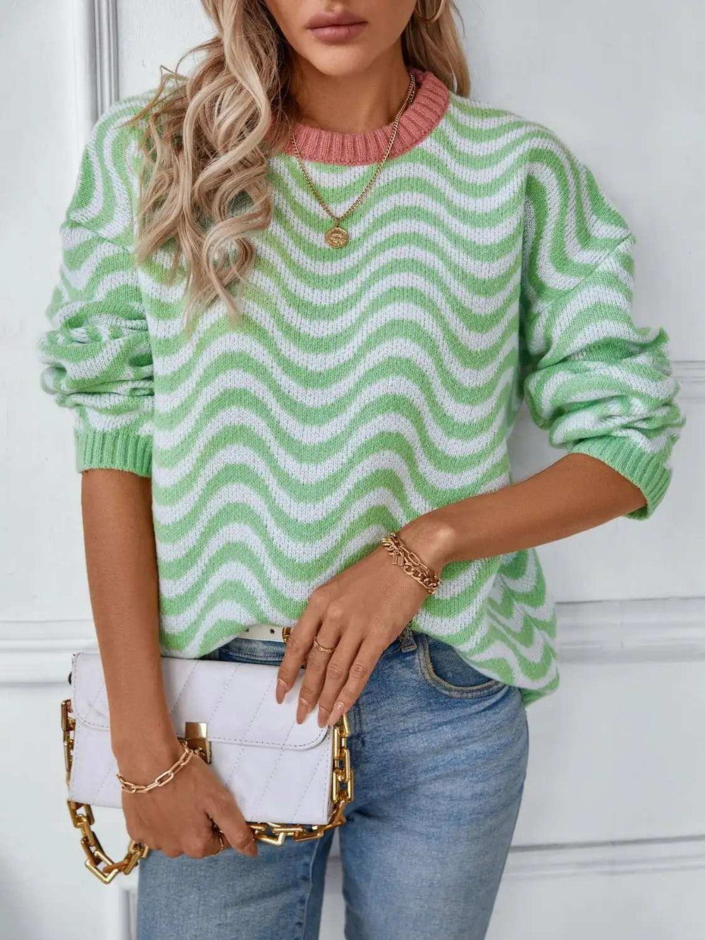 Wavy Stripes Round Neck Long Sleeve Sweater - Trendsi - Flyclothing LLC