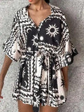 Printed Tie Waist Half Sleeve Romper - Trendsi