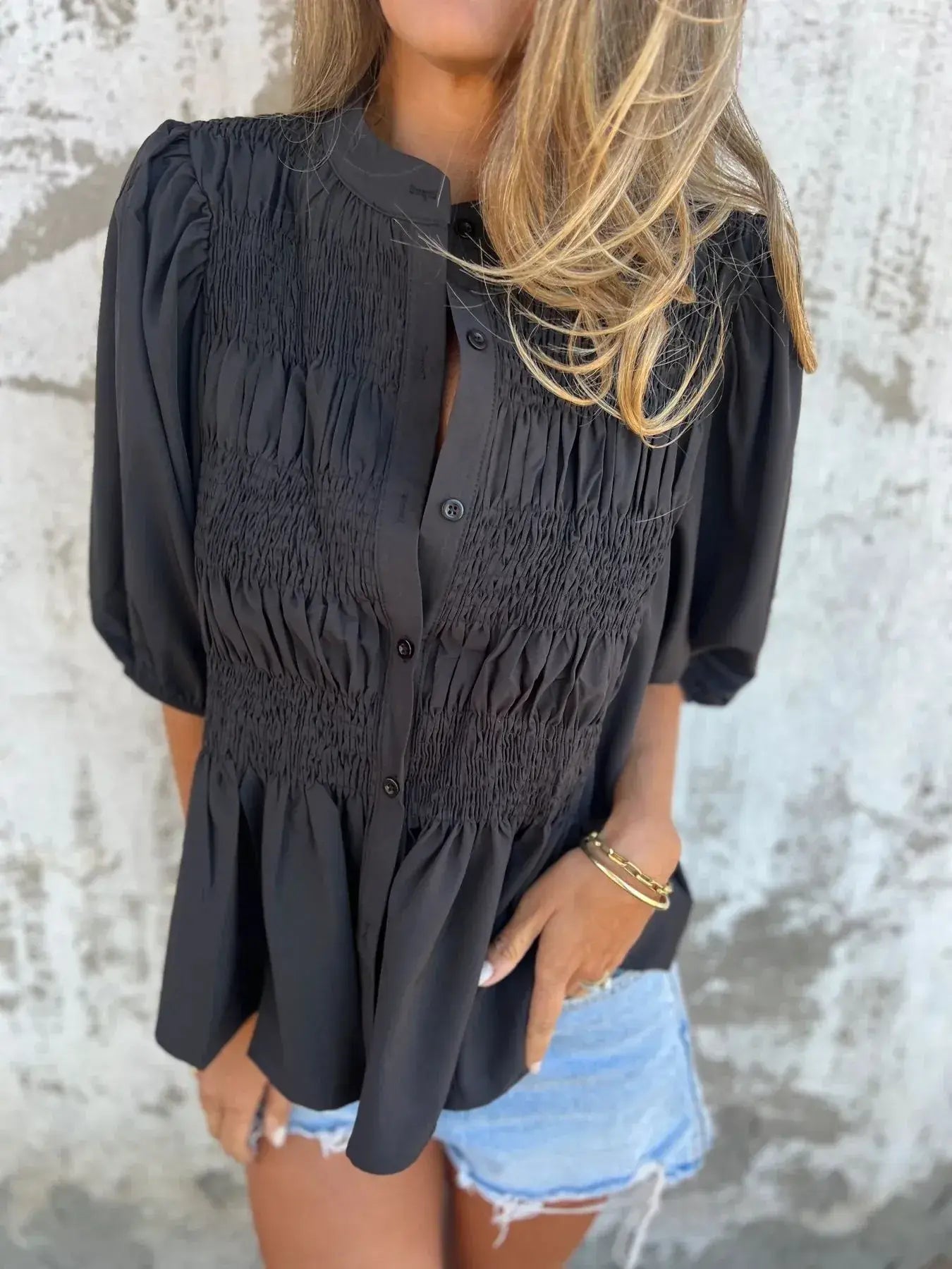 Full Size Smocked Puff Sleeve Blouse Plus Size - Trendsi - Flyclothing LLC