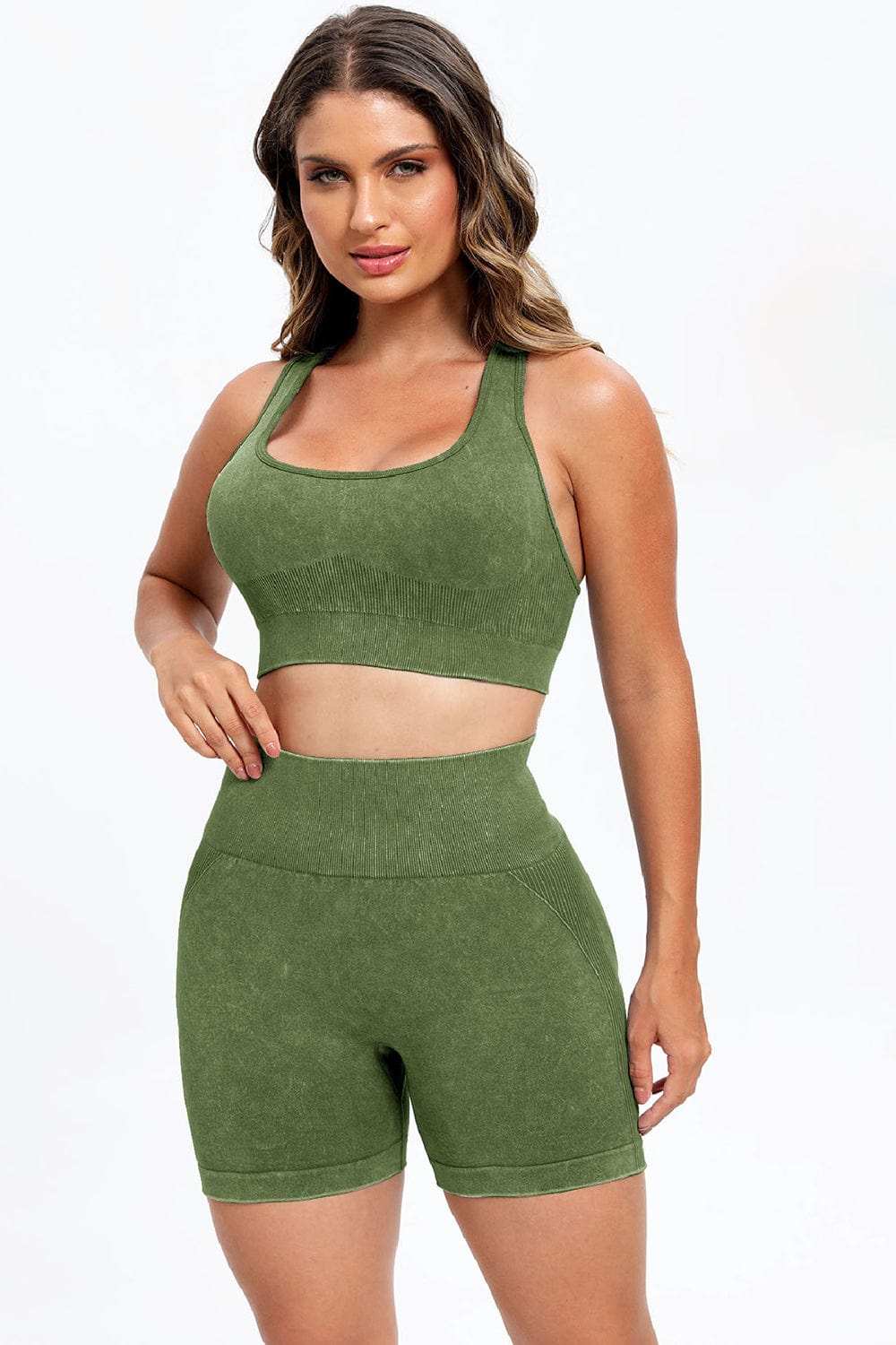 3 Piece Washed Square Neck Wide Strap Active Set - Trendsi - Flyclothing LLC