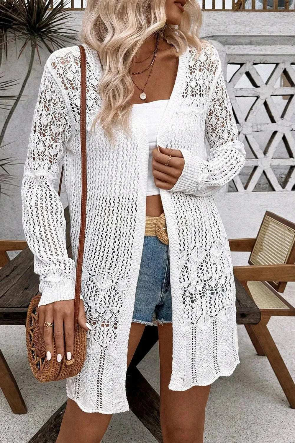 Openwork Open Front Long Sleeve Cardigan - Trendsi - Flyclothing LLC