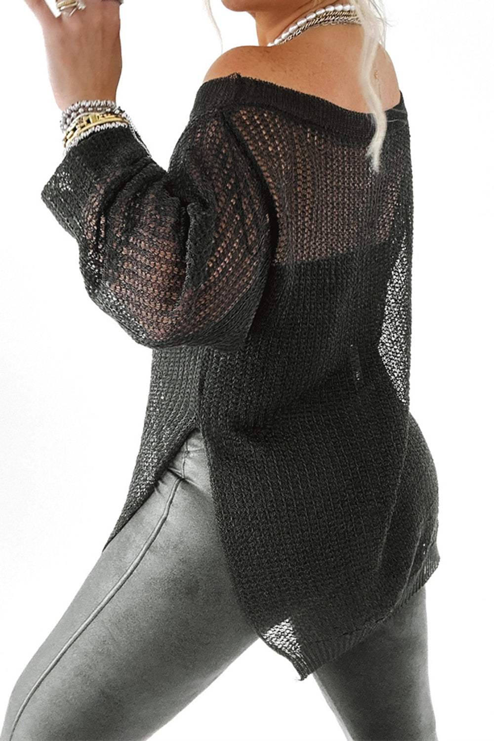 Side Slit Long Sleeve Knit Cover Up - Trendsi - Flyclothing LLC