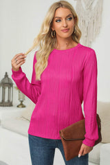 Textured Round Neck Long Sleeve Blouse - Trendsi - Flyclothing LLC