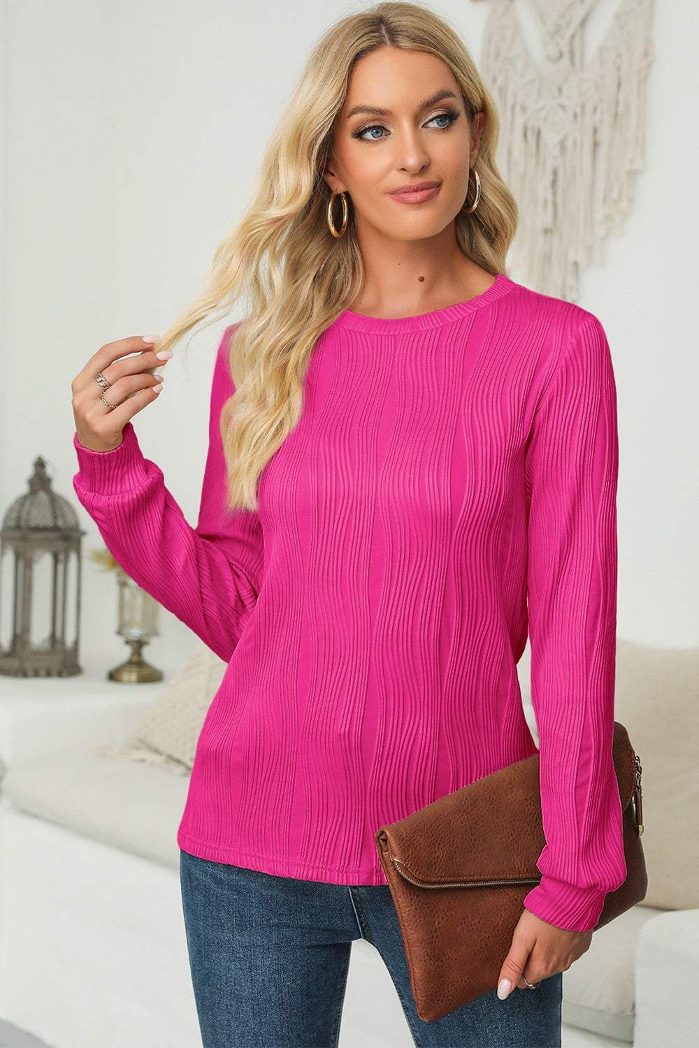 Textured Round Neck Long Sleeve Blouse - Trendsi - Flyclothing LLC