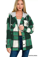 Zenana Plaid Drawstring Hooded Fleece Shacket - Trendsi - Flyclothing LLC