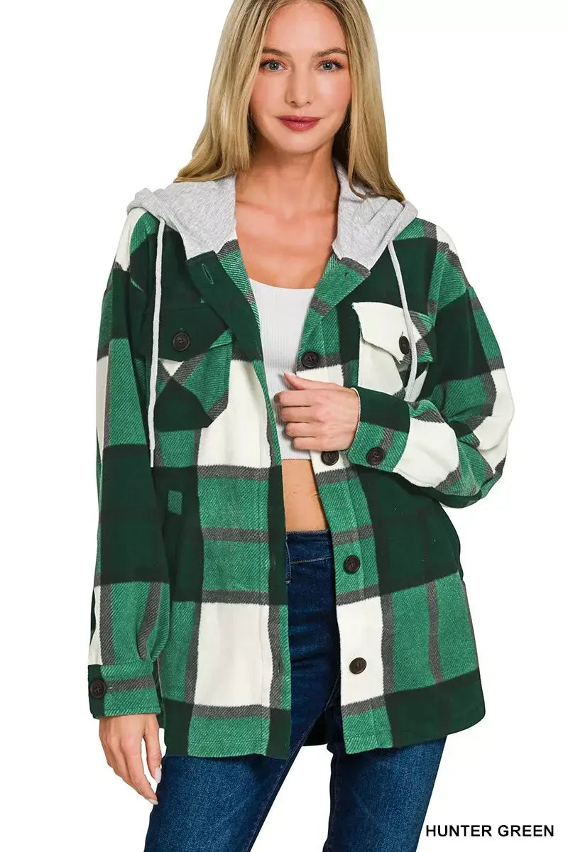 Zenana Plaid Drawstring Hooded Fleece Shacket - Trendsi - Flyclothing LLC