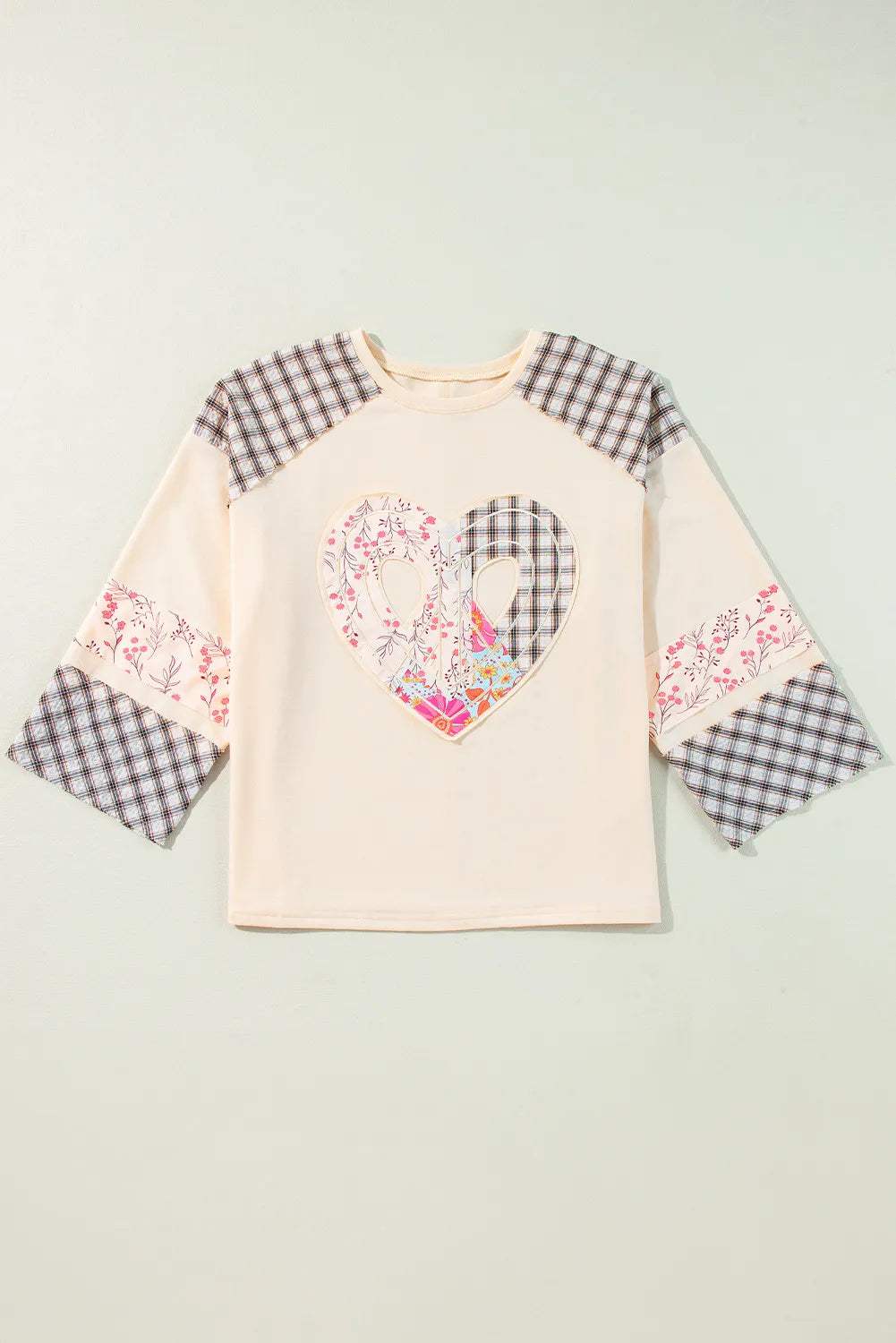 Heart Plaid Round Neck Long Sleeve Blouse - Trendsi - Flyclothing LLC