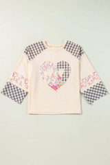 Heart Plaid Round Neck Long Sleeve Blouse - Trendsi - Flyclothing LLC