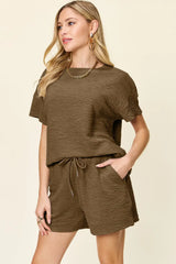 Double Take Full Size Texture Short Sleeve T-Shirt and Drawstring Shorts Set - Trendsi - Flyclothing LLC