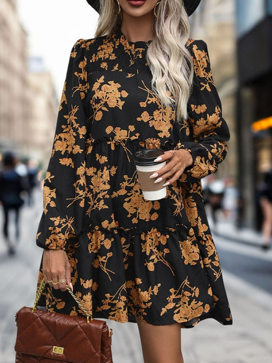 Frill Printed Long Sleeve Mini Dress - Trendsi