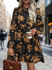 Frill Printed Long Sleeve Mini Dress - Trendsi