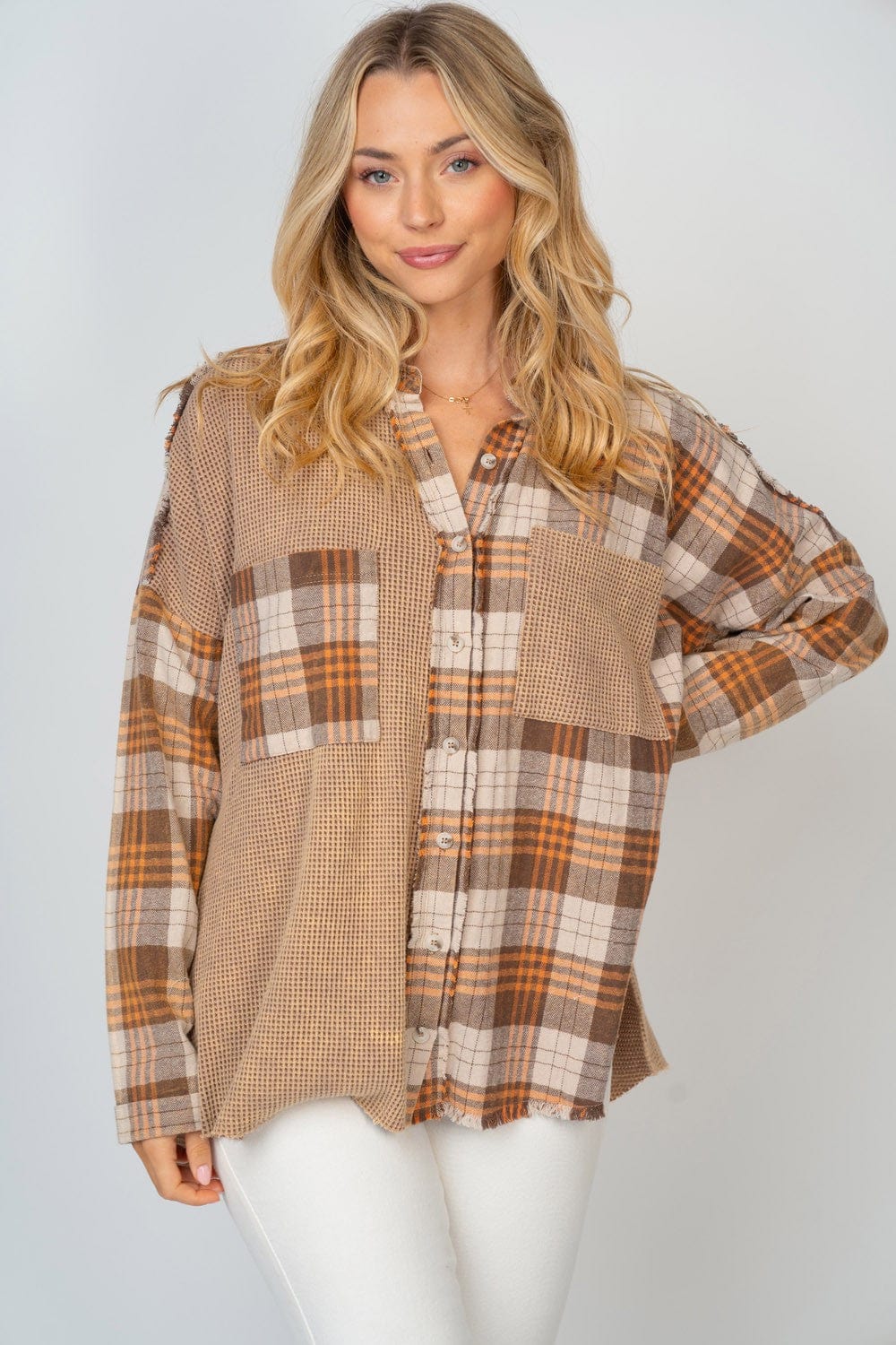 White Birch Full Size Contrast Plaid Button Down Shirt Trendsi