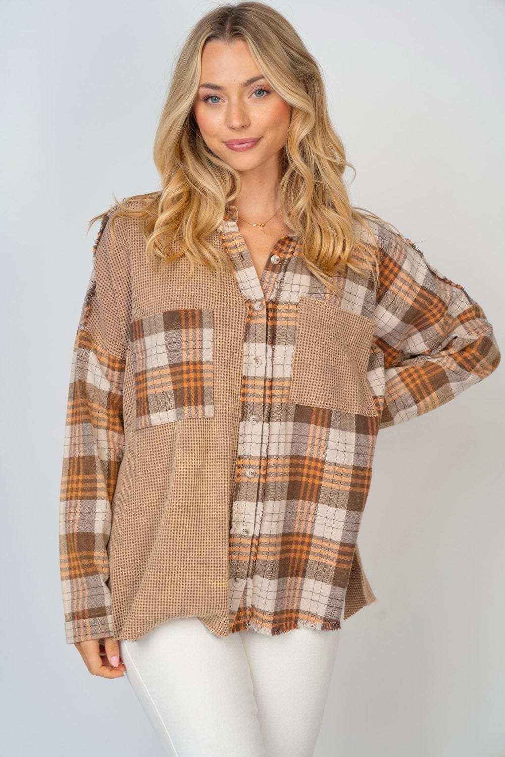 White Birch Full Size Contrast Plaid Button Down Shirt - Trendsi - Flyclothing LLC