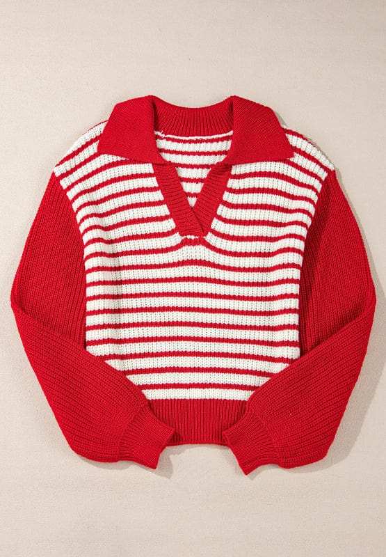 Striped Johnny Collar Long Sleeve Sweater - Trendsi - Flyclothing LLC
