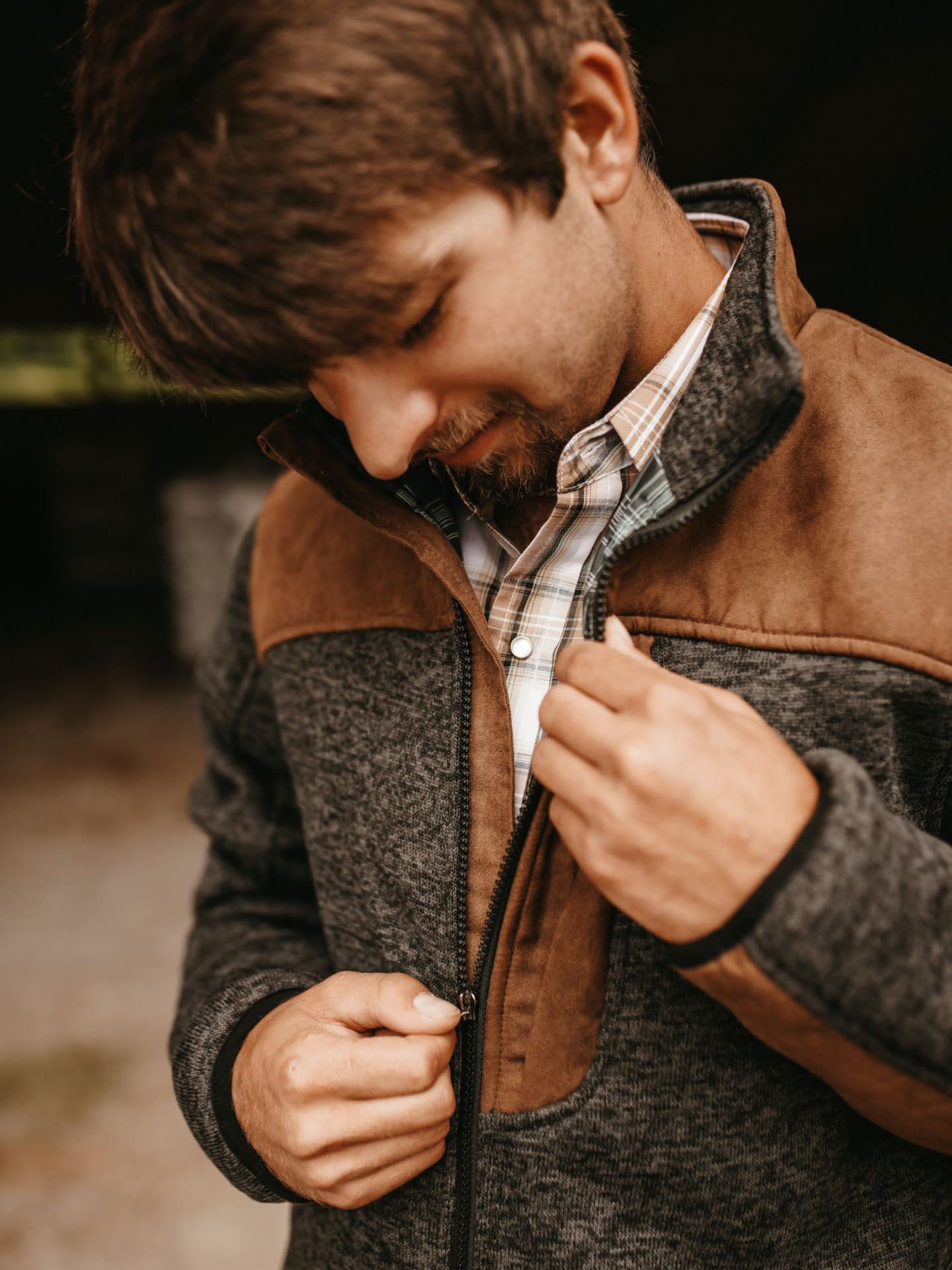 Men's Knit Contrast Full Zip Jacket - Charcoal Gray