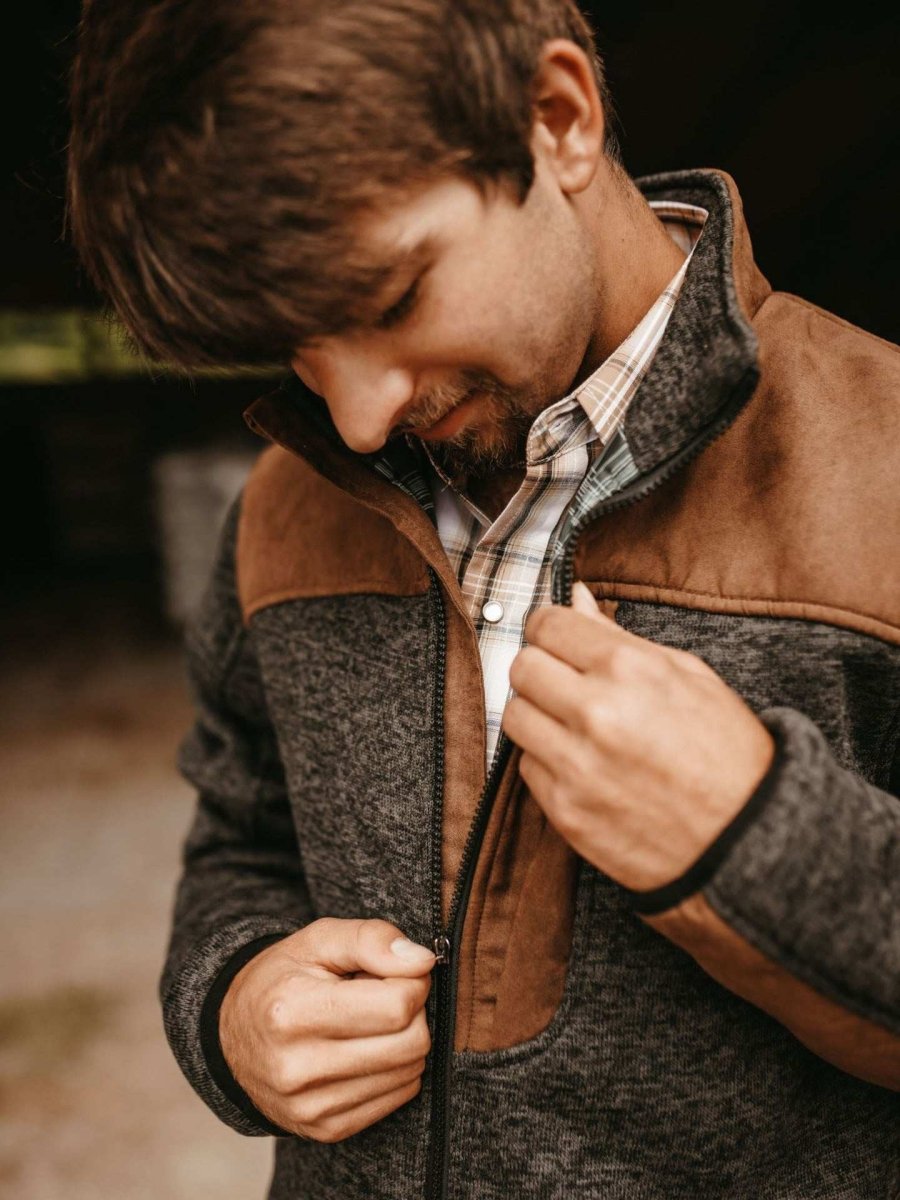 Men's Knit Contrast Full Zip Jacket - Charcoal Gray - Ely Cattleman - Flyclothing LLC