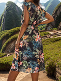 Ruffled Printed Surplice Cap Sleeve Dress - Trendsi