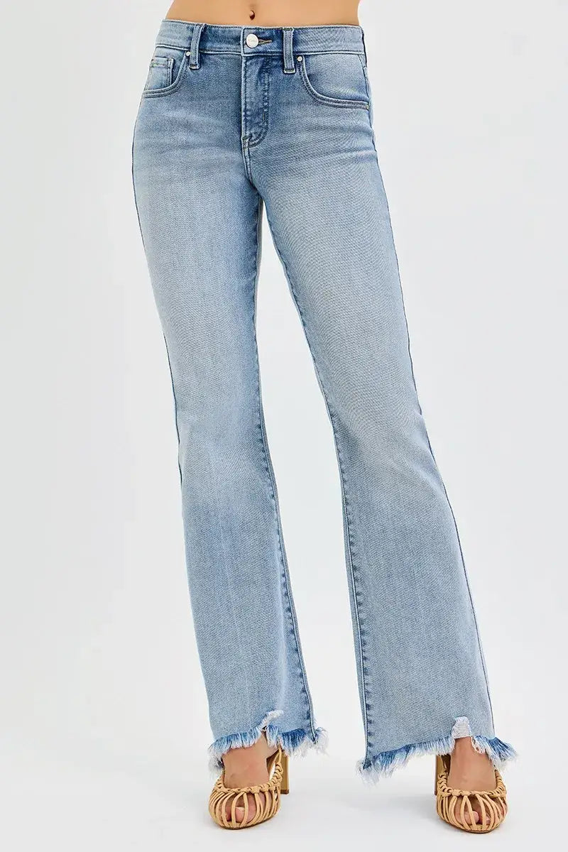RISEN Full Size Tummy Control Mid Rise Flare Jeans with Fray Hem Detailed Plus Size - Trendsi - Flyclothing LLC