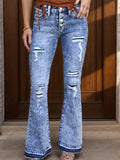Distressed Button-Fly Bootcut Jeans with Pockets - Trendsi