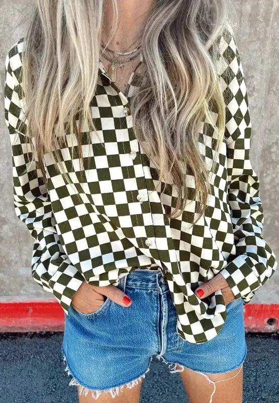 Checkered Collared Neck Long Sleeve Shirt - Trendsi - Flyclothing LLC