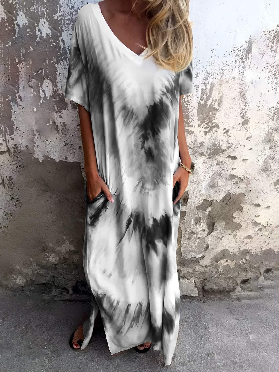 Full Size Pocketed Tie-Dye Short Sleeve Dress - Trendsi - Flyclothing LLC