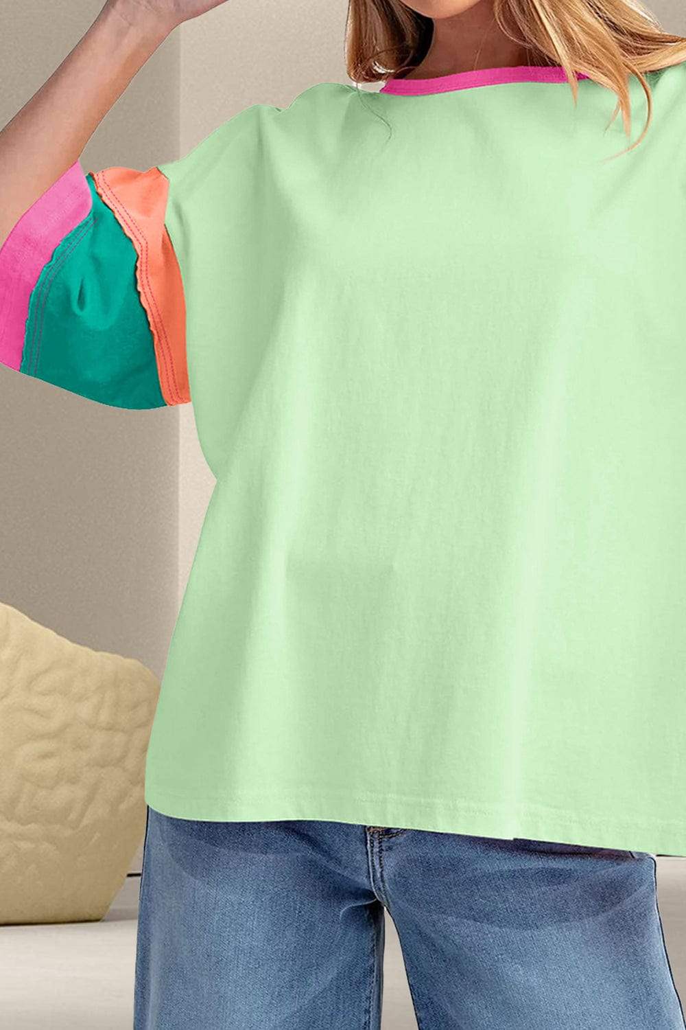 Color Block Round Neck Half Sleeve T-Shirt - Trendsi - Flyclothing LLC