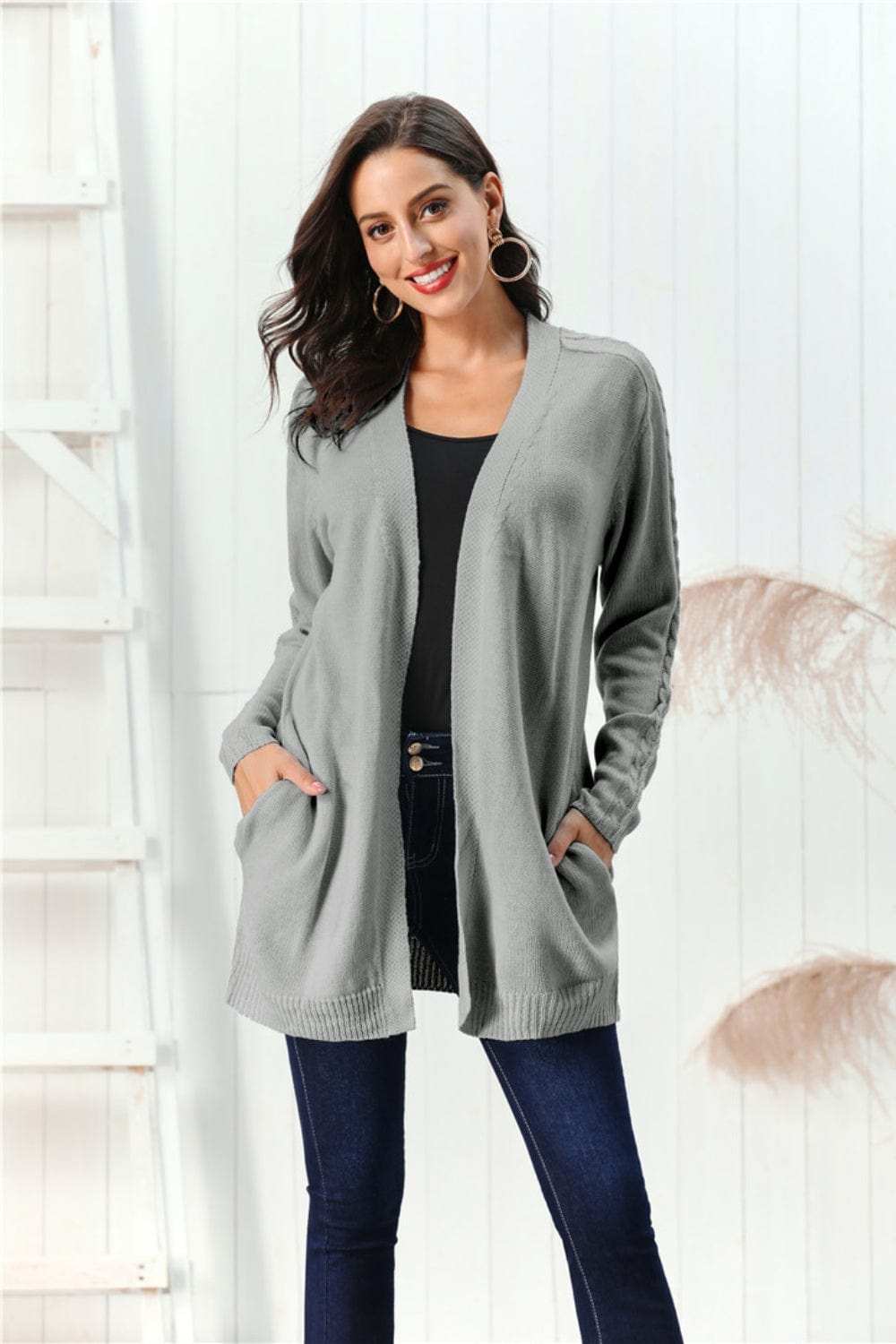 Cable-Knit Open Front Long Sleeve Cardigan - Trendsi - Flyclothing LLC