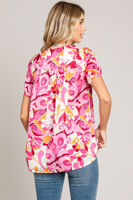 Cotton Bleu by Nu Label Abstract Print Short Sleeve Top - Trendsi