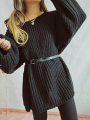 Boat Neck Long Sleeve Sweater with Belt - Trendsi